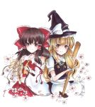  2girls apron bangs black_headwear bow broom brown_eyes closed_mouth detached_sleeves eyebrows_visible_through_hair frilled_apron frilled_bow frilled_hair_tubes frills green_ribbon hair_between_eyes hair_bow hair_tubes hakurei_reimu hat hat_bow holding holding_broom kirisame_marisa long_sleeves looking_at_viewer marker_(medium) midriff multiple_girls neck_ribbon pleated_skirt red_bow red_shirt red_skirt ribbon ribbon-trimmed_sleeves ribbon_trim shirt short_sleeves simple_background skirt sleeveless sleeveless_shirt smile standing stomach touhou traditional_media uro_(m369) waist_apron white_apron white_background white_bow white_shirt white_sleeves wide_sleeves witch_hat 