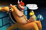  anthro blush bowser bowser_day collar comic dialogue drool_string english_text feral genitals goomba group hi_res horn humanoid_genitalia humanoid_penis implied_oral koopa looking_at_viewer male male/male mario_bros nintendo open_mouth penis reptile scalie speech_bubble spiked_collar spikes text thekinkybear turtle uncut video_games 