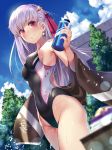  1girl black_swimsuit blue_sky blurry bottle building cloud commentary_request competition_swimsuit cowboy_shot day depth_of_field dutch_angle earrings fate/grand_order fate_(series) hair_ribbon highleg highleg_swimsuit jewelry kama_(fate/grand_order) long_hair looking_at_viewer one-piece_swimsuit outdoors purple_hair red_eyes red_ribbon renka_(renkas) ribbon sky solo standing swimsuit tree water_bottle 
