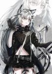  2020 accessory animal_humanoid arknights bottomwear canid canid_humanoid clothing eye_scar female hair hair_accessory hairclip hi_res humanoid jacket lappland_(arknights) long_hair mammal mammal_humanoid melee_weapon navel scar shorts silver_hair simple_background solo sword topwear weapon yuuki_mix 