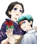  1boy 1girl anger_vein angry black_hair blue_hair clenched_teeth commentary_request fangs floral_print hair_bun japanese_clothes kimetsu_no_yaiba kimono lavender_eyes looking_at_viewer looking_back no_pupils print_kimono purple_eyes purple_kimono shirokinakochan shirt simple_background slit_pupils surprised sweatdrop tamayo_(kimetsu_no_yaiba) teeth upper_body white_background white_shirt yushiro_(kimetsu_no_yaiba) 