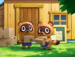  2020 animal_crossing anthro apron biped box brown_body brown_fur canid canine chibi clothing deronenene detailed_background duo fur mammal nintendo outside raccoon_dog tanuki timmy_nook tommy_nook video_games 