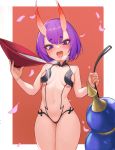  1girl absurdres alcohol bangs bare_shoulders blush bob_cut border breasts collarbone cup eyeliner fate/grand_order fate_(series) gourd highres horns kkusak_(kkusag_ks) looking_at_viewer makeup oni oni_horns open_mouth orange_background petals pouring_onto_self purple_eyes purple_hair revealing_clothes sakazuki sake short_hair shuten_douji_(fate/grand_order) skin-covered_horns small_breasts thighs tongue tongue_out white_border 