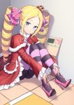  1girl absurdres beatrice_(re:zero) blonde_hair blue_eyes blush box cameltoe crown drill_hair eyebrows_visible_through_hair hair_ornament hair_ribbon highres in_box in_container indoors konishi_(565112307) long_hair looking_at_viewer re:zero_kara_hajimeru_isekai_seikatsu ribbon shiny shiny_hair solo twin_drills twintails 