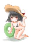  1girl absurdres all_fours barefoot bikini black_bikini black_hair commentary_request flat_chest full_body hair_ribbon hat highres innertube ishigaki_(kantai_collection) kantai_collection looking_at_viewer red_eyes red_ribbon ribbon short_hair simple_background smile solo sun_hat swimsuit taisinkoku white_background white_ribbon 