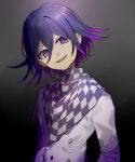  1boy arms_at_sides bangs black_background black_hair buttons checkered checkered_scarf commentary_request danganronpa grey_background grin hair_between_eyes highres huyuharu0214 looking_at_viewer male_focus multicolored_hair new_danganronpa_v3 ouma_kokichi pink_hair purple_eyes purple_hair scarf signature smile solo straitjacket two-tone_background two-tone_hair upper_teeth 