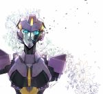  1girl autobot blue_eyes damaged english_commentary flower looking_up missing_limb nautica no_humans purple_lips sad solo transformers white_background zoner 