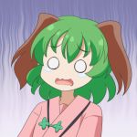  1girl animal_ears bangs cato_(monocatienus) commentary_request eyebrows_visible_through_hair gloom_(expression) green_hair kasodani_kyouko o_o open_mouth portrait short_hair simple_background solo surprised tearing_up touhou wavy_mouth white_background 