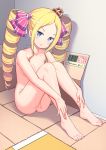  1girl absurdres beatrice_(re:zero) blonde_hair blue_eyes blush box cameltoe crown drill_hair eyebrows_visible_through_hair hair_ornament hair_ribbon highres in_box in_container indoors konishi_(565112307) long_hair looking_at_viewer nude open_mouth pussy re:zero_kara_hajimeru_isekai_seikatsu ribbon shiny shiny_hair shiny_skin solo twin_drills twintails 