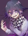  1boy bangs black_hair checkered checkered_scarf commentary_request danganronpa hair_between_eyes highres huyuharu0214 layered_sleeves long_sleeves looking_at_viewer lower_teeth male_focus multicolored_hair new_danganronpa_v3 open_mouth ouma_kokichi pink_hair purple_background purple_eyes purple_hair scarf signature sleeves_past_wrists smile solo straitjacket sweat two-tone_background upper_body upper_teeth 