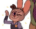  2016 anthro bottomwear bunny_ears_(gesture) clothing disney duo gesture hi_res judy_hopps lagomorph leporid mammal mod_lemon necktie nick_wilde one_eye_closed pants purple_eyes rabbit shirt simple_background smile topwear white_background wink zootopia 