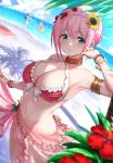  1girl 3girls armlet armpits bangs bare_shoulders beach bead_bracelet beads bikini blue_eyes blue_sky blurry blurry_background blush bracelet braid breasts cleavage closed_mouth collarbone crown_braid flower french_braid hair_flower hair_ornament halterneck highres hiyori_(princess_connect!) jewelry large_breasts looking_at_viewer multiple_girls neck_ring pink_hair princess_connect! princess_connect!_re:dive red_bikini rei_(princess_connect!) sarong shore short_hair sky smile solo_focus sunflower swimsuit tamakaga thighs yui_(princess_connect!) 