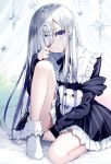  bangs bare_legs earrings hair_ornament hairclip hairpin highres jewelry kazunehaka lolita_fashion long_hair long_sleeves looking_at_viewer one_eye_closed original purple_eyes silver_hair sitting sleeves sleeves_past_wrists socks white_legwear 