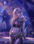  1girl armor artist_name bikini bodysuit breasts elf english_commentary highres large_breasts long_hair looking_to_the_side midriff original ornament pointy_ears purple_eyes purple_skin solo swimsuit tatiana_hordiienko warcraft white_hair world_of_warcraft 