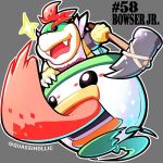  1:1 2018 anthro bowser_jr. english_text hair hammer holding_object koopa koopa_clown_car low_res male mario_bros motion_lines nintendo open_mouth quas-quas red_hair scalie signature simple_background text tongue tongue_out tools video_games 