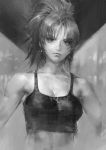  1girl bangs bare_arms bare_shoulders breasts collarbone earrings highres jewelry leona_heidern monochrome nao3art ponytail portrait serious snk soldier solo tank_top the_king_of_fighters the_king_of_fighters_xiii 
