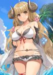  1girl absurdres ahoge anila_(granblue_fantasy) bangs bare_shoulders bikini black_bikini blonde_hair blue_sky blush breasts cleavage closed_mouth collarbone detached_sleeves draph granblue_fantasy hands_on_own_chest highres horns large_breasts layered_bikini long_hair long_sleeves looking_at_viewer navel palm_tree sheep_horns short_eyebrows sky smile suiroh_(shideoukami) swimsuit thighs tree very_long_hair wading water white_bikini wide_sleeves yellow_eyes 