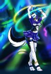  alana_snowfleet_(character) anthro bottomwear breasts canid canine canis clothing collar dancing domestic_dog female fishnet fyrephase glowstick hi_res husky inside keisha_makainn lights mammal nordic_sled_dog party rave skirt solo spitz under_boob 