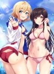  2girls american_flag_bikini ass bangs beach bikini black_rabbit blonde_hair blue_eyes blue_sky breasts brown_eyes brown_hair cleavage cloud commentary_request cowboy_shot flag_print highres jacket kanojo_okarishimasu long_hair looking_at_viewer medium_breasts mizuhara_chizuru multiple_girls nanami_mami open_clothes open_jacket pink_bikini short_hair side-tie_bikini sky swimsuit white_jacket 