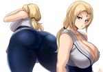  1girl ass bare_arms bare_shoulders blonde_hair blue_pants breasts brown_eyes cleavage closed_mouth facial_mark forehead_mark highres jmg large_breasts long_hair looking_at_viewer low_twintails naruto naruto_(series) ninja pants pantylines sash shirt sleeveless sleeveless_shirt standing thick_thighs thighs tsunade twintails white_background 