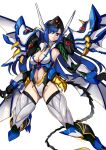  1girl blue_hair breasts cleavage commission highres i.takashi looking_down mecha_musume medium_breasts midriff_cutout navel open_hands personification red_eyes signature solo super_robot_wars super_robot_wars_original_generation weissritter white_background 