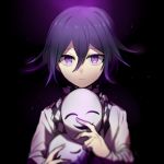  1boy black_background checkered checkered_scarf commentary_request danganronpa frown hair_between_eyes highres holding holding_mask huyuharu0214 jacket long_sleeves looking_at_viewer male_focus mask new_danganronpa_v3 ouma_kokichi purple_background purple_eyes purple_hair scarf solo straitjacket two-tone_background white_jacket 