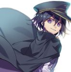  1boy bangs black_cape black_hair black_headwear blurry blurry_background cape checkered checkered_scarf commentary_request danganronpa eyebrows_visible_through_hair from_side hair_between_eyes hat highres huyuharu0214 jacket long_sleeves looking_at_viewer male_focus multicolored_hair new_danganronpa_v3 ouma_kokichi parted_lips peaked_cap purple_eyes purple_hair scarf signature smile straitjacket teeth two-tone_hair white_background white_jacket 