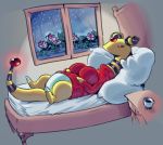  ampharos bed big_breasts bottomless breasts busty_feral clothed clothing detailed_background drawfruit eyelashes eyes_closed female feral flower furniture huge_breasts inside lying nintendo on_back on_bed pillow plant pok&eacute;mon pok&eacute;mon_(species) rain_on_window raining semi-anthro solo sweater topwear video_games 