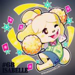  1:1 2020 accessory animal_crossing anthro blonde_hair canid canine canis clothing domestic_dog female floppy_ears hair hair_accessory hi_res isabelle_(animal_crossing) mammal nintendo one_eye_closed open_mouth open_smile pom_poms quas-quas simple_background smile solo video_games wink 