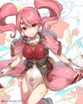  1girl :q breastplate closed_mouth fire_emblem fire_emblem_echoes:_shadows_of_valentia gloves haru_(nakajou-28) highres mae_(fire_emblem) pink_eyes pink_hair solo tongue tongue_out twintails twitter_username white_gloves 