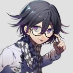  1boy black_hair checkered checkered_scarf commentary_request danganronpa eyebrows_visible_through_hair glasses gradient gradient_background grey_background hand_up highres huyuharu0214 layered_sleeves long_sleeves looking_at_viewer male_focus multicolored_hair new_danganronpa_v3 ouma_kokichi pointing pointing_at_self purple_eyes purple_hair scarf smile solo straitjacket tongue tongue_out two-tone_hair upper_body 