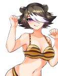  1girl :q animal_ears arknights bangs bare_arms bare_shoulders bear_ears beehunter_(arknights) bikini black_bikini black_hair breasts cleavage commentary_request crybluemushu hair_over_one_eye hands_up highres looking_at_viewer medium_breasts multicolored_hair navel purple_eyes short_hair simple_background smile solo stomach striped striped_bikini swimsuit tongue tongue_out upper_body white_background white_hair yellow_bikini 