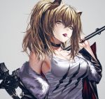  1girl animal_ears arknights bangs bare_shoulders black_choker black_jacket black_nails breasts brown_eyes brown_hair candy choker cleavage commentary_request eyebrows_visible_through_hair fang food food_in_mouth fur-trimmed_jacket fur_trim grey_background hair_between_eyes hammer hand_up highres holding holding_weapon jacket junxun lion_ears lollipop long_hair long_sleeves looking_at_viewer medium_breasts mouth_hold nail_polish off_shoulder partial_commentary siege_(arknights) simple_background solo upper_body weapon 