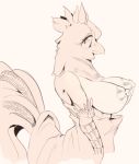  anthro avian big_breasts bird breasts chicken clothed clothing drawfruit feathers galliform gallus_(genus) hi_res huge_breasts monochrome phasianid raised_tail scales simple_background tail_feathers topless white_background 