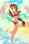  1girl absurdres aerith_gainsborough armpits arms_up barefoot beach breasts brown_hair cleavage day final_fantasy final_fantasy_vii final_fantasy_vii_remake green_eyes highres long_braid long_hair looking_at_viewer low-tied_long_hair navel ocean red_swimsuit rtil solo splashing strap_gap swimsuit tankini toes towel tri_braids wading wide_hips 