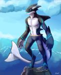  2020 absurd_res anthro blue_eyes cetacean clothing cloud delphinoid digital_media_(artwork) digital_painting_(artwork) hi_res huge_filesize hybrid lunarthunderstorm male mammal marine oceanic_dolphin open_mouth orca sea shaded smile solo standing teeth toothed_whale underwear vicar water 