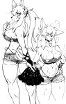  2020 anthro belly big_breasts biped bodily_fluids bottomwear breasts butt canid canine cleavage clothed clothing curvy_figure duo eating fan_(disambiguation) female fox hair hi_res holding_object hotpants hourglass_figure huge_breasts kemono long_hair looking_back mammal monochrome multi_tail navel pants rtr shirt shorts simple_background snout standing sweat thick_thighs tied_hair topwear wide_hips 