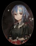  1602 1girl black_background black_dress blue_hair character_name closed_mouth dress expressionless flower highres looking_at_viewer medium_hair red_eyes red_flower red_rose remilia_scarlet rose shihou_(g-o-s) solo touhou twitter_username upper_body wristband 