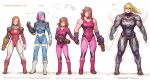  5girls arm_cannon arne_(android_arts) blonde_hair blue_bodysuit bodysuit breasts brown_hair commentary english_commentary hand_cannon height_chart holding_hands long_hair medium_breasts medium_hair metroid multicolored multicolored_bodysuit multicolored_clothes multiple_girls multiple_persona muscle muscular_female pink_bodysuit ponytail purple_hair red_bodysuit samus_aran science_fiction shoulder_tattoo sleeveless tattoo varia_suit weapon zero_suit 