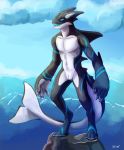  2020 animal_genitalia anthro blue_eyes cetacean clothing cloud delphinoid digital_media_(artwork) digital_painting_(artwork) genital_slit genitals hi_res hybrid lunarthunderstorm male mammal marine nude oceanic_dolphin open_mouth orca sea shaded slit smile solo standing tasteful_nudity teeth toothed_whale vicar water 