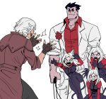  2boys 3girls animal_ears arm_hair bared_teeth black_gloves black_hair black_pants black_vest byeonbulkan casual_suit cerberus_(helltaker) clapping commentary crossover dante_(devil_may_cry) demon_girl demon_tail devil_may_cry devil_may_cry_3 dog_ears dog_girl english_commentary fingerless_gloves gloves helltaker highres multiple_boys multiple_girls no_pupils pants parody popped_collar red_shirt sharp_teeth shirt sleeves_pushed_up sunglasses sweatdrop tail taunting teeth trench_coat triplets vest white_hair 