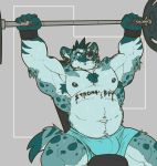  2017 abs abstract_background absurd_res anthro armpit_hair barazoku barbell bench_press big_muscles bodily_fluids body_hair body_writing bottomwear bulge chest_tuft clothed clothing ear_piercing exercise facial_piercing hi_res hotpants hyaenid incline_press inner_ear_fluff lip_piercing looking_up male mammal musclegut muscular muscular_anthro muscular_male navel nightterror nipples nose_piercing nose_ring obliques pecs piercing shorts simple_background sitting smile solo spotted_hyena sweat thick_thighs topless topless_male tuft weightlifting weights workout 