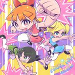  3girls bangs black_hair blonde_hair blossom_(ppg) blue_eyes bubbles_(ppg) buttercup_(ppg) clenched_hand eyebrows_visible_through_hair green_eyes kicking midriff multiple_girls navel open_hand open_mouth orange_hair powerpuff_girls punching red_eyes sunafuki_tabito twintails v-shaped_eyebrows 