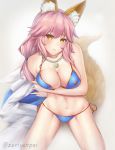  1girl animal_ear_fluff animal_ears bangs bare_shoulders bikini blue_bikini blush breasts cleavage collarbone fate/grand_order fate_(series) fox_ears fox_girl fox_tail jewelry large_breasts long_hair looking_at_viewer navel necklace pink_hair swimsuit tail tamamo_(fate)_(all) tamamo_no_mae_(swimsuit_lancer)_(fate) thighs towel yellow_eyes zeri_(zeristudio) 