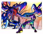  1boy 1girl aiming arm_cannon claws english_commentary fighting highres metroid_fusion monster open_hands open_mouth power_armor ridley samus_aran tail tomycase tongue weapon yellow_eyes 
