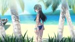  1girl ass beach bikini black_hair blue_bikini blue_scrunchie blue_sky boat cloud commentary_request day flat_chest from_behind glasses green_eyes hairband highres horizon kantai_collection long_hair looking_at_viewer looking_back mikan_29344886 mountain ooyodo_(kantai_collection) outdoors palm_tree scrunchie semi-rimless_eyewear sky solo swimsuit tree under-rim_eyewear watercraft white_hairband wrist_scrunchie 