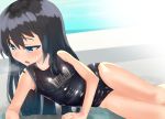  1girl asashio_(kantai_collection) black_hair black_swimsuit blue_eyes commentary_request cowboy_shot kantai_collection kooka_kenji long_hair looking_at_viewer looking_to_the_side lying name_tag on_side open_mouth school_swimsuit solo swimsuit 