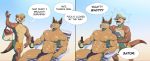  abs absurd_res alcohol anthro beer beverage blonde_hair blue_background bottle brown_hair bulge clothed clothing comic dialogue duo english_text eyewear greeting hair hi_res kangaroo lutrine macropod male mammal marsupial muscular muscular_male mustelid navel partially_clothed simple_background sitting speech_bubble speedo sunglasses swimming_trunks swimwear tan_body text thepurp topless 