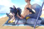  2020 anthro beach beach_towel bikini blue_body blue_fur blue_hair blush bodily_fluids breasts brown_hair canid canine claws cleavage clothed clothing dipstick_tail duo ear_piercing ear_ring female fur gloves_(marking) hair hi_res human ingi leg_markings lens_flare lying male mammal markings multicolored_body multicolored_fur multicolored_tail nervous on_front on_towel open_mouth outside painted_claws parasol pawpads piercing plantigrade ponytail scrunchie seaside socks_(marking) sweat swimming_trunks swimwear topless towel two_tone_body two_tone_fur white_body white_fur yellow_eyes 