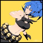 1girl bangs bare_shoulders black_gloves black_pants black_tank_top blue_eyes blue_hair breasts cleavage earrings fighting_stance gas_can gloves highres its_just_suppi jewelry leona_heidern midriff military navel pants ponytail signature snk soldier solo tank_top yellow_background 